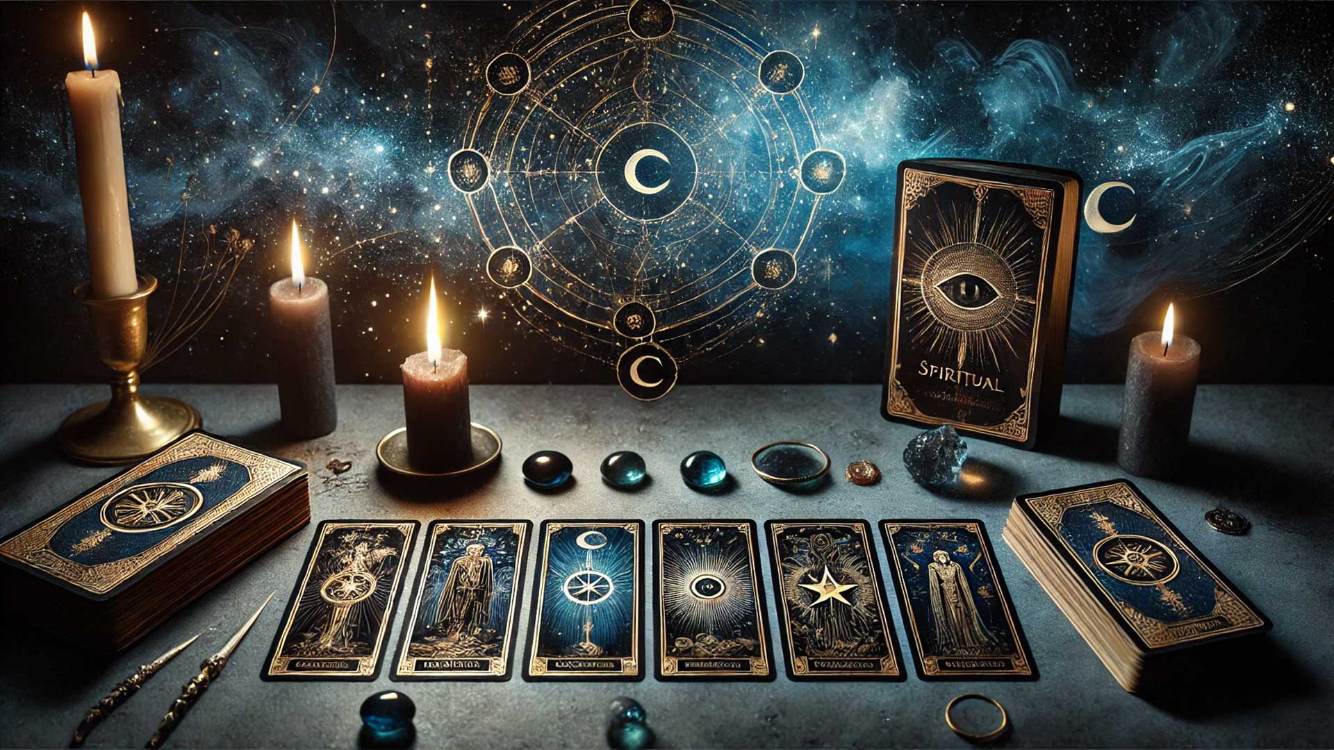 Cartas de tarot con halo de luz espiritual, elementos esotéricos y guía mística, consultando con tarotistas profesionales en Elfuturoentumano.com