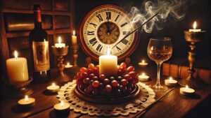 Imagen de ritual de Nochevieja con velas, uvas y símbolos esotéricos para atraer energía positiva en el Año Nuevo.