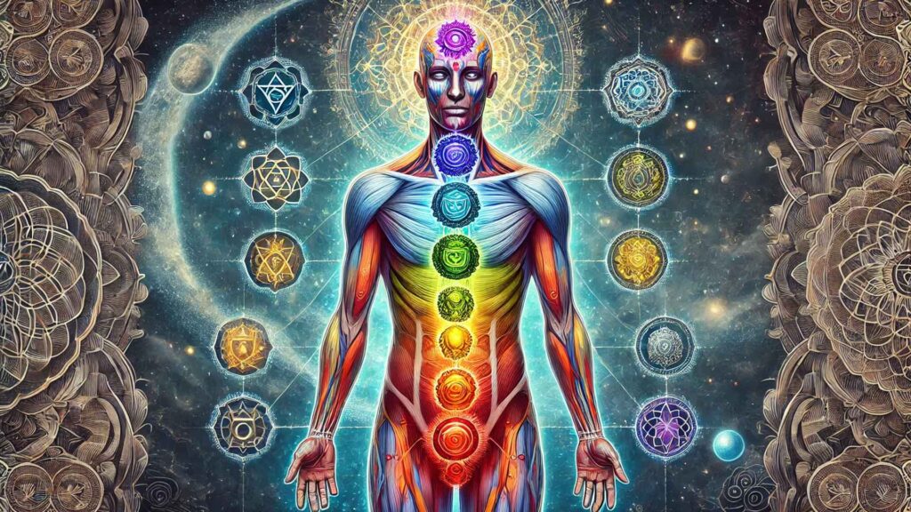 Imagen representativa de los 7 chakras en el cuerpo humano, mostrando los colores y las posiciones a lo largo de la columna vertebral.