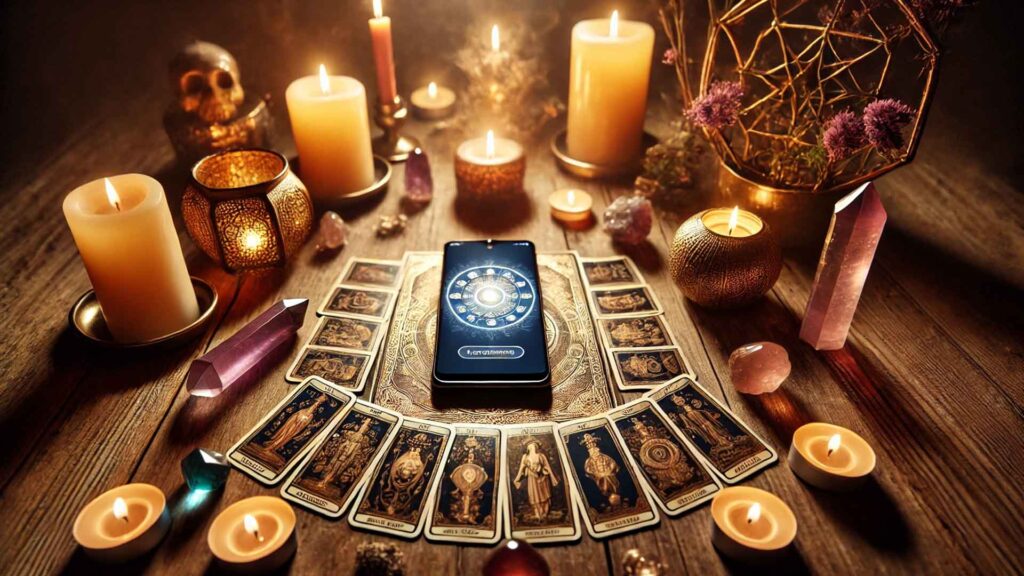 Entorno espiritual con cartas de tarot, cristales, velas e incienso, acompañado de un teléfono, simbolizando una consulta de tarot por teléfono.