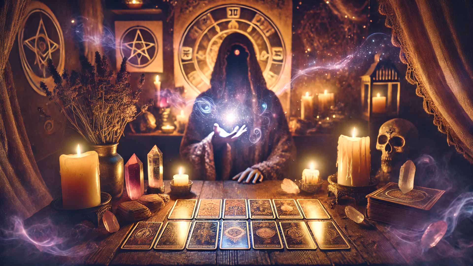 Lectura de tarot mística con velas, cristales y una figura sabia en un entorno espiritual.