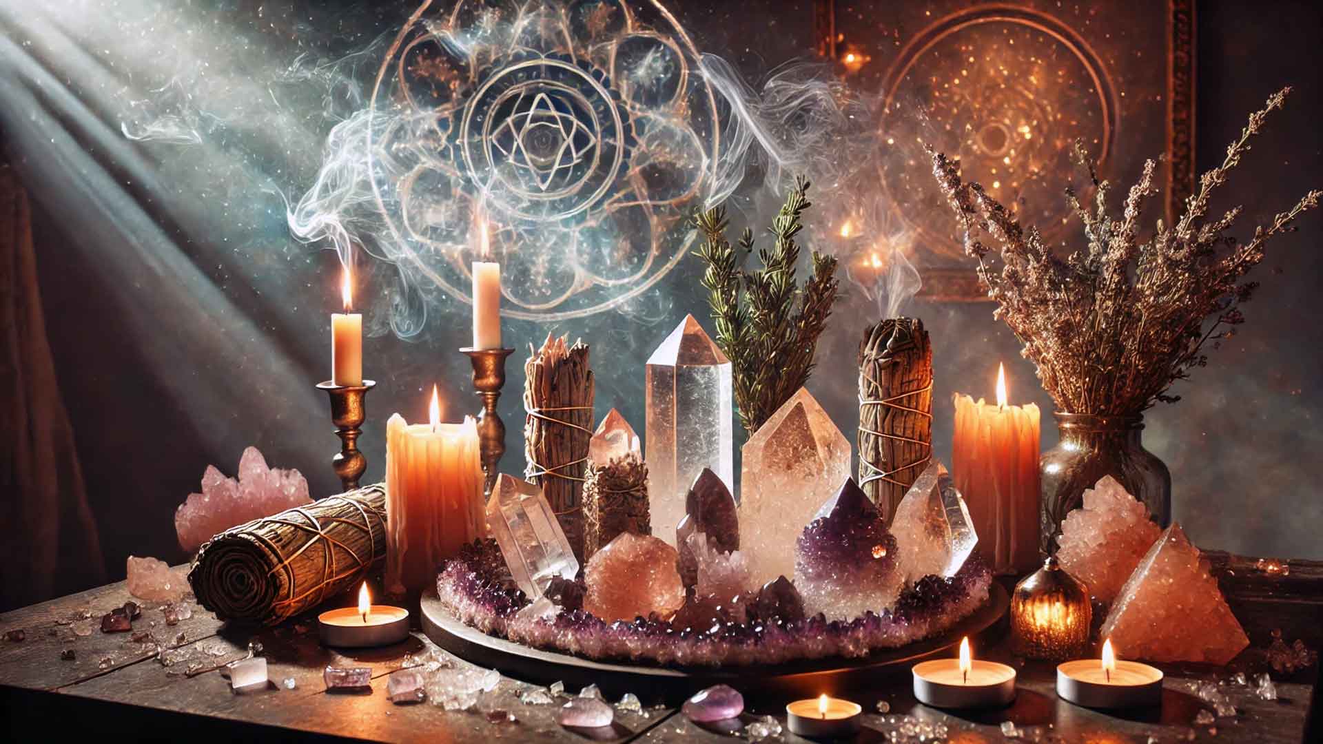 Limpieza energética con cristales, hierbas y velas en un ritual esotérico para restaurar el equilibrio energético.