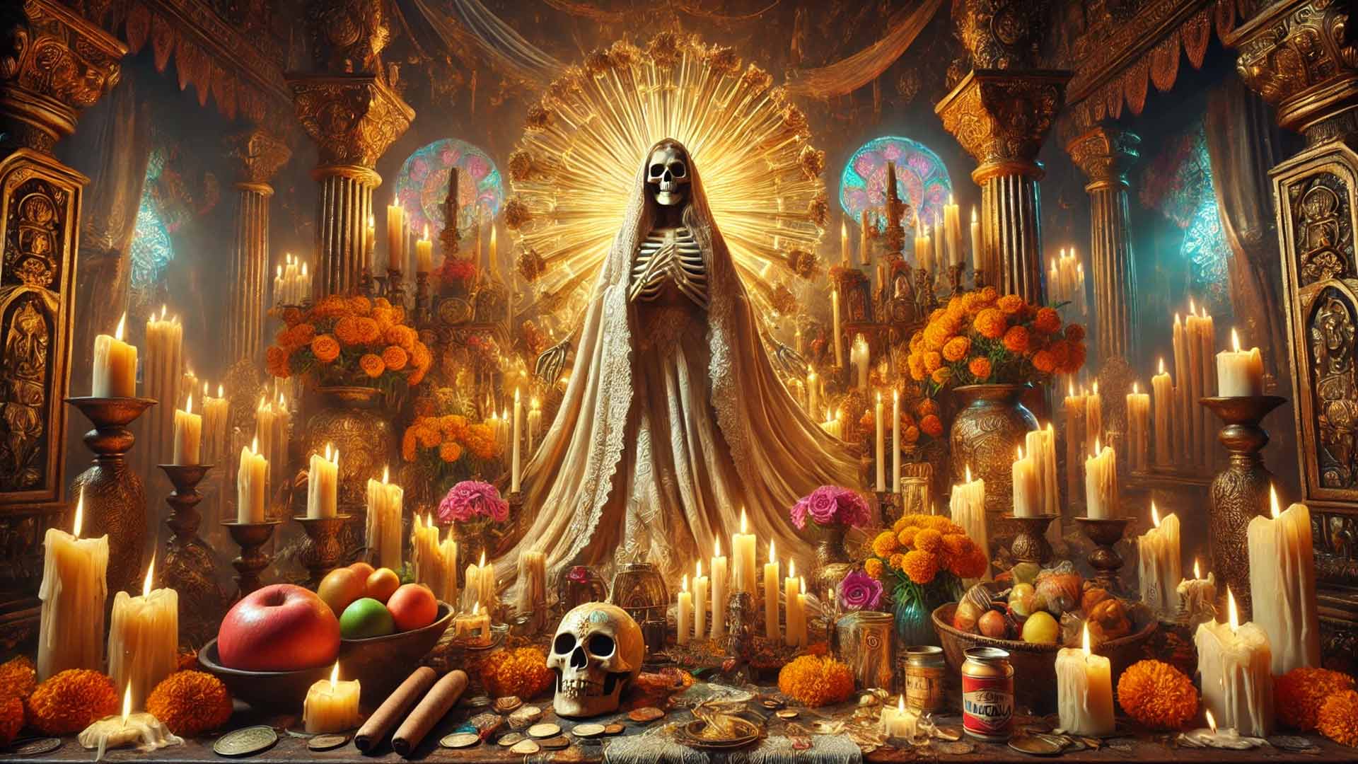 Figura de la Santa Muerte en un altar esotérico con velas y flores.