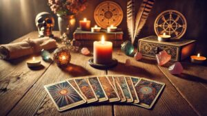 Cartas de tarot desplegadas sobre una mesa, representando decisiones y guía espiritual.