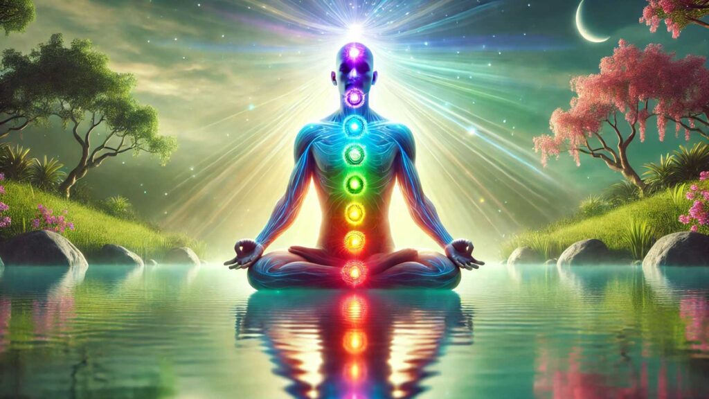 Persona meditando con chakras alineados, rodeada de luz y energía positiva