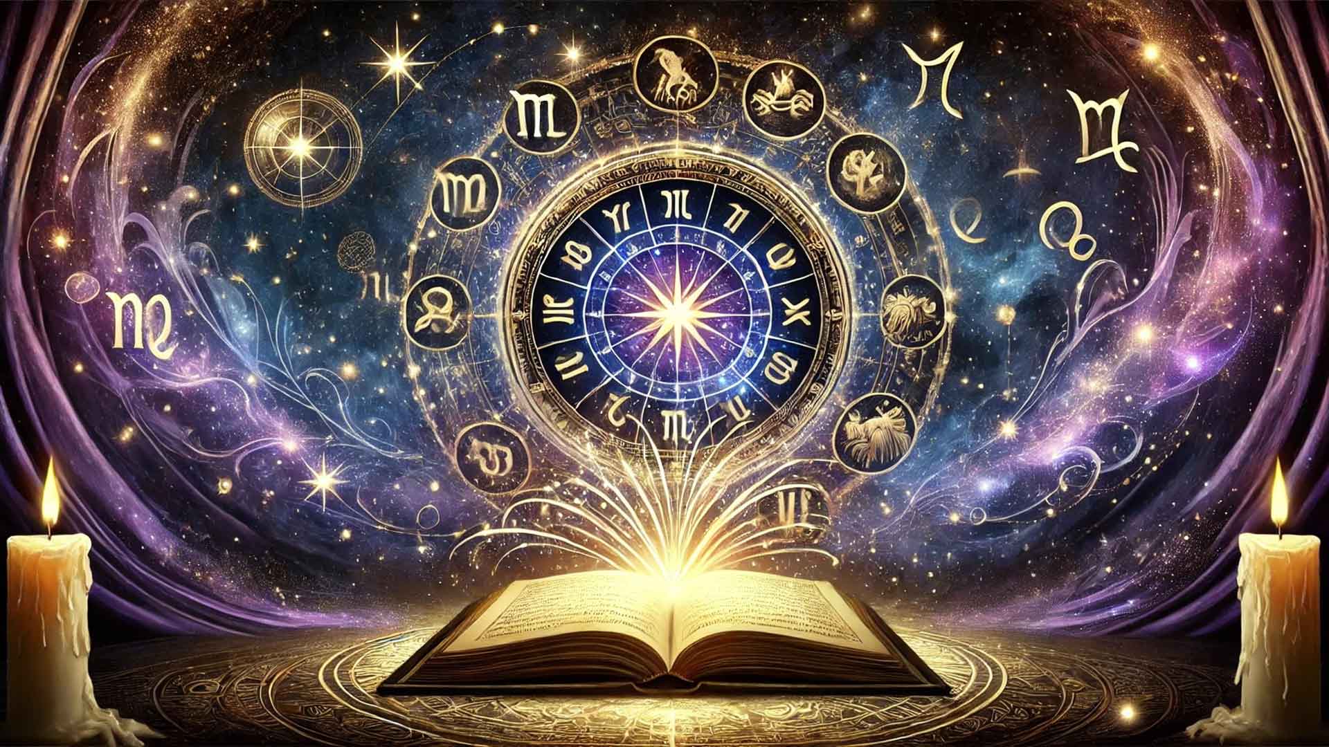 Ilustración de una carta astral con signos zodiacales y constelaciones