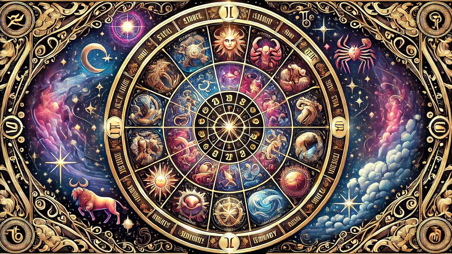 Rueda astrológica con los signos zodiacales, cada uno representado con sus colores y símbolos, sobre un fondo estrellado.