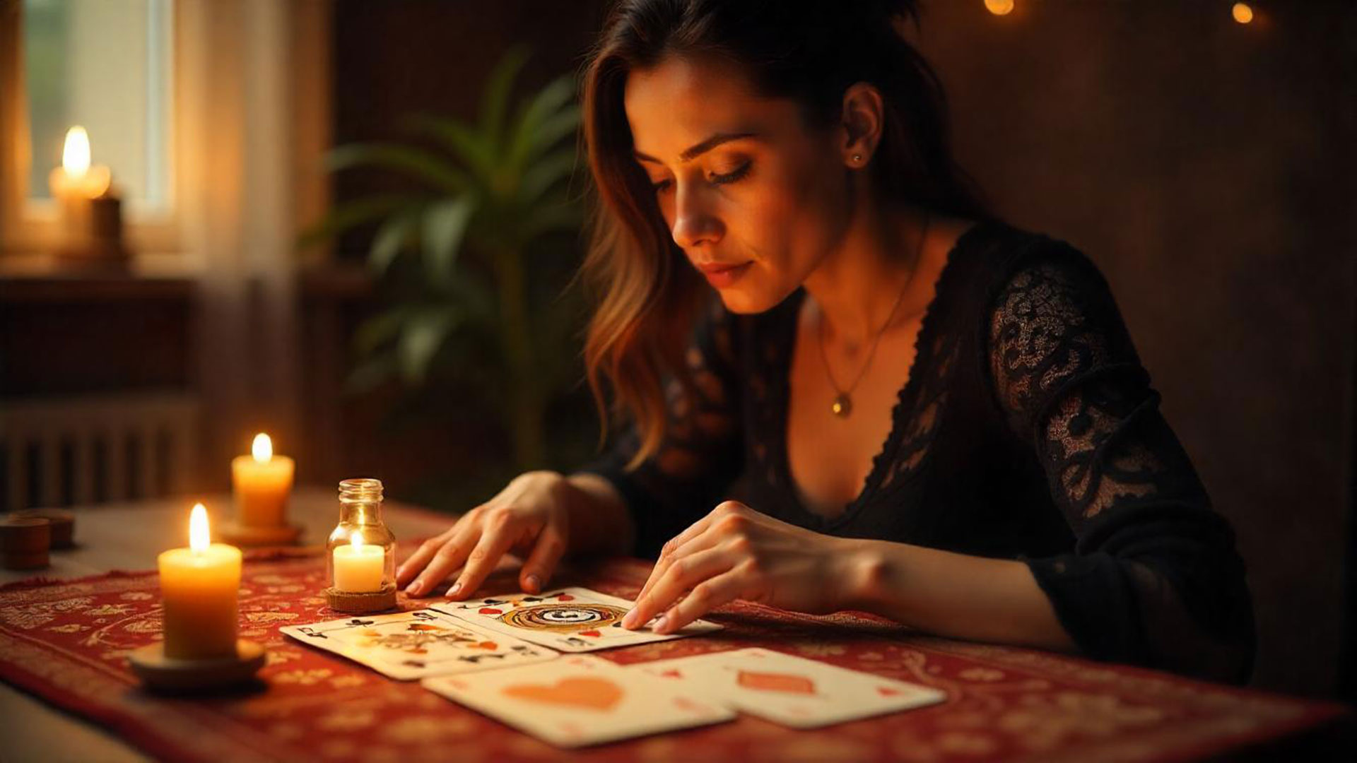 Tarotista leyendo cartas de la baraja española, enfocando los cuatro palos: copas, oros, espadas y bastos.