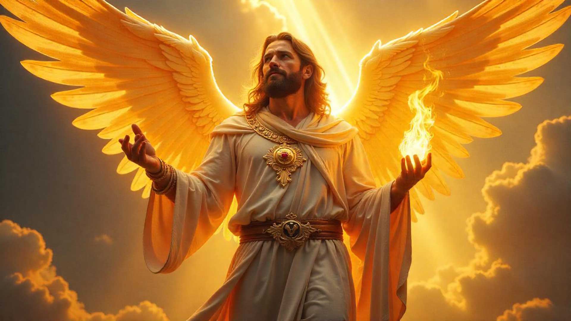 Ilustración celestial del Arcángel Uriel rodeado de luz dorada y fuego espiritual