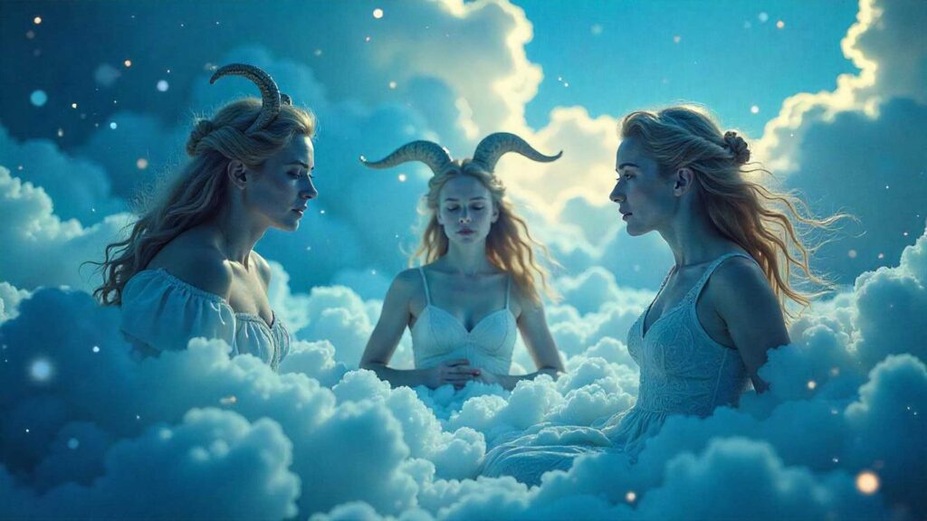 Géminis, Acuario y Libra representados en un entorno astral simbolizando su relación ambigua con la verdad