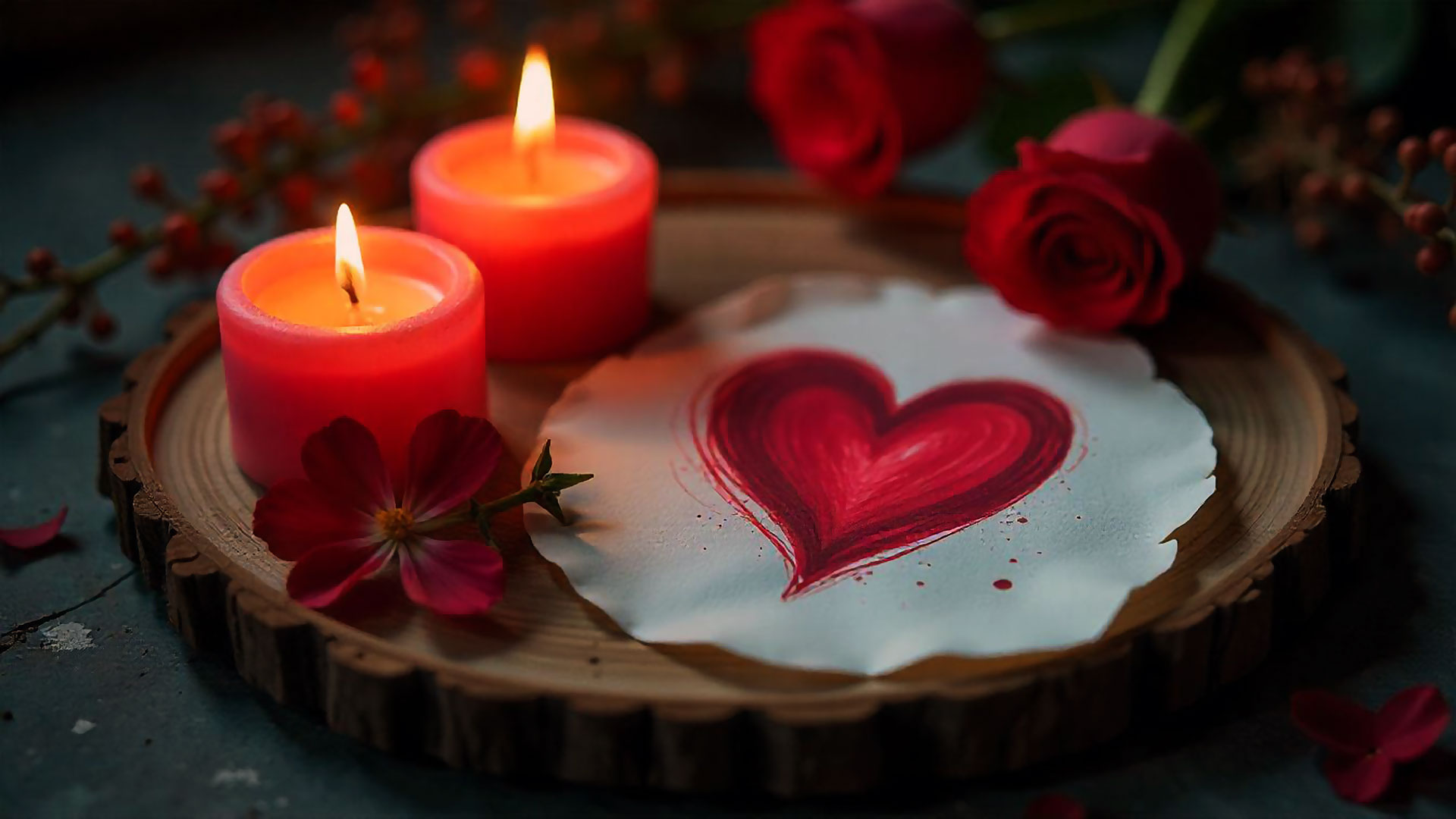 Altar con velas, cuarzo rosa, miel y foto de pareja para ritual amoroso