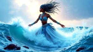 Representación espiritual de Yemayá con vestidura azul, rodeada de agua y elementos marino