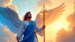 Imagen espiritual del Arcángel Raguel sosteniendo un báculo de luz y un pergamino de justicia