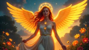 Representación etérea del Arcángel Jofiel en un jardín celestial de luz dorada.