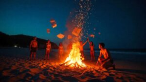 Personas realizan un ritual con fuego en la Noche de San Juan, rodeados de elementos mágicos.