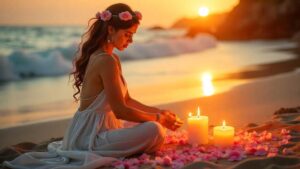 Mujer realizando un ritual esotérico de amor en la playa al atardecer.