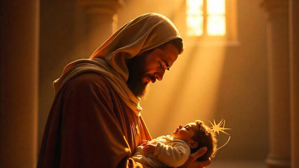 Ilustración de San Antonio de Padua con túnica marrón, sosteniendo al Niño Jesús y rodeado de un aura de luz celestial.