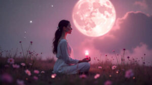 Mujer meditando bajo la Luna de Fresa de junio 2025