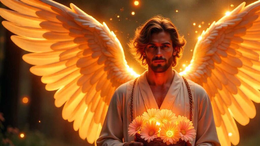 Imagen mística del Arcángel Barachiel con símbolos de protección y flores brillantes