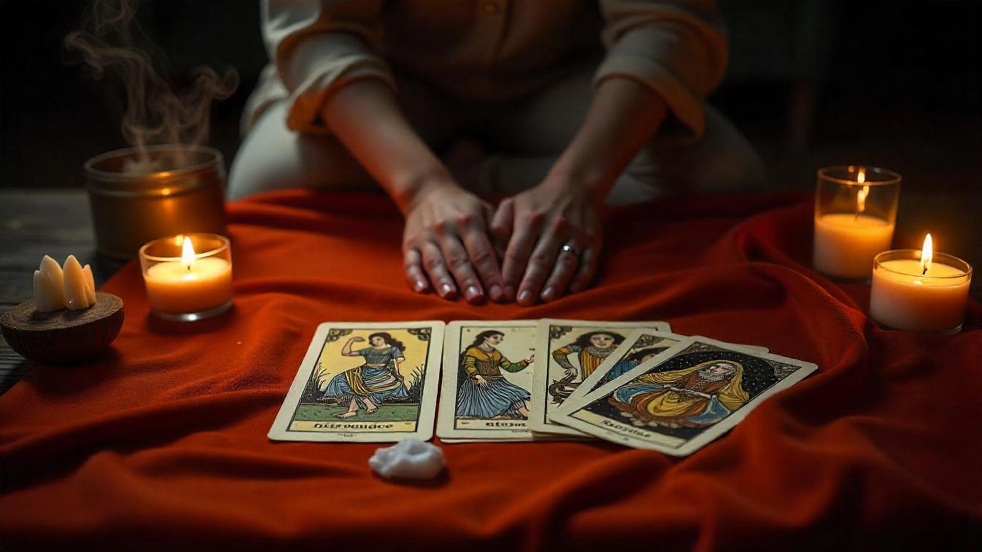 Escena espiritual de reflexión antes de una lectura de tarot
