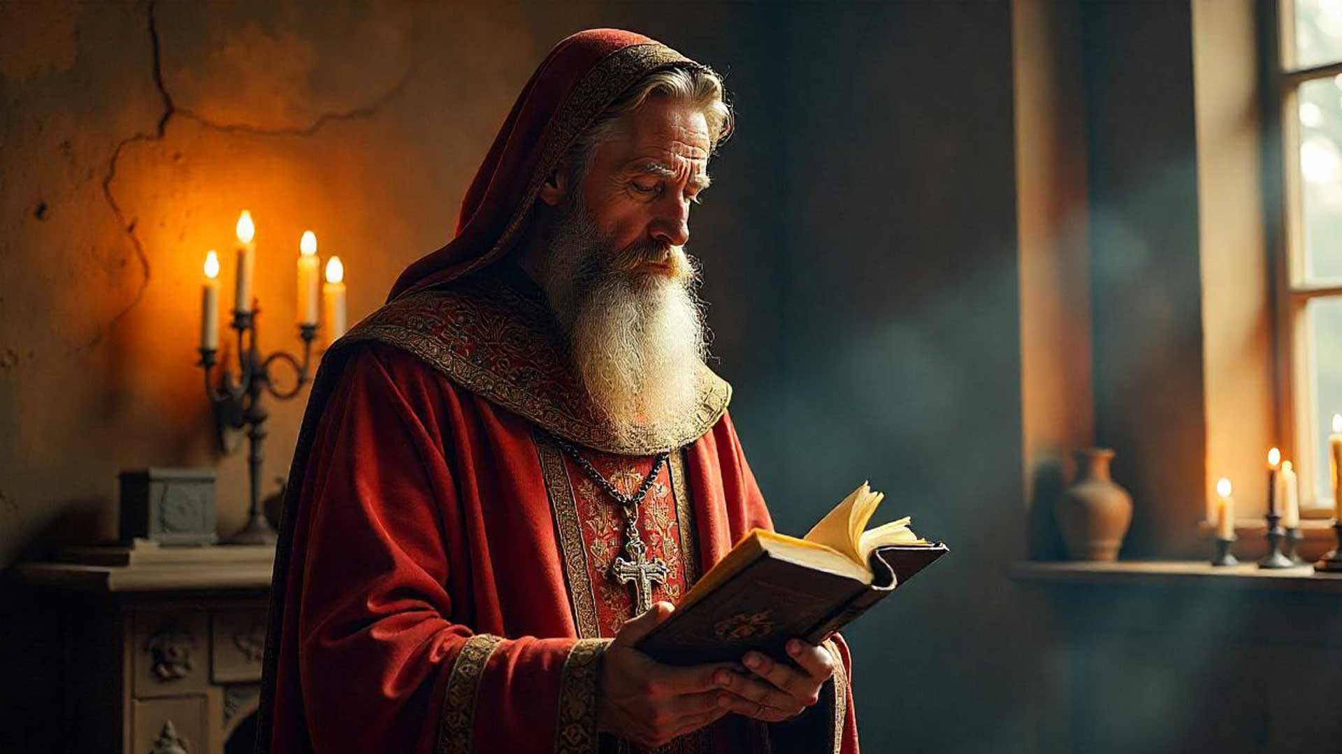 Ilustración esotérica de San Cipriano con túnica, cruz y libro mágico