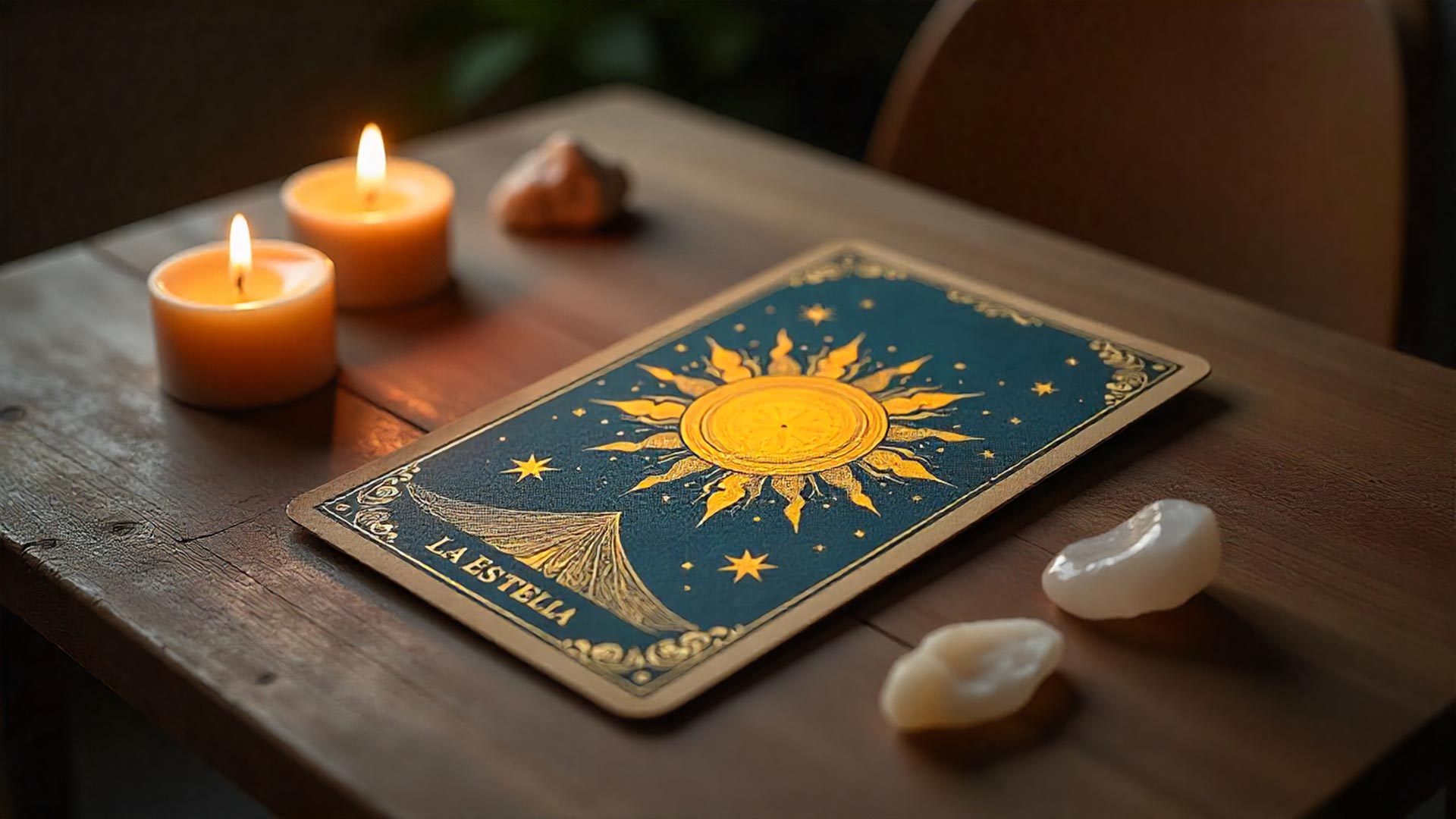 Una sola carta del tarot sobre una mesa con velas y cristales, simbolizando una tirada de sí o no.