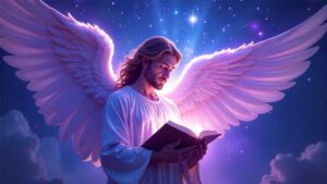 Representación del Arcángel Jeremiel con luz violeta, símbolo de sabiduría y esperanza espiritual.