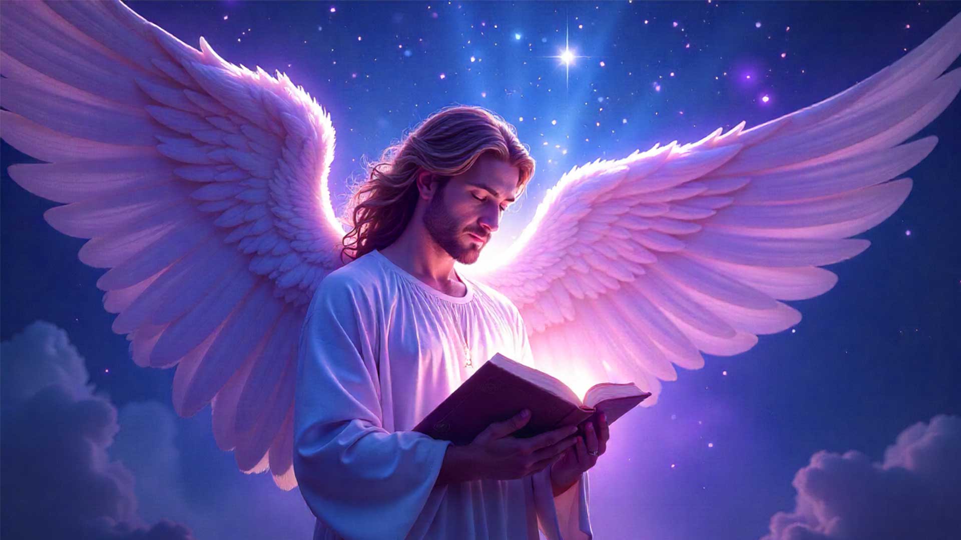 Representación del Arcángel Jeremiel con luz violeta, símbolo de sabiduría y esperanza espiritual.