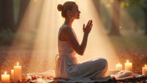 Persona meditando rodeada de aura dorada y hojas otoñales en un ritual de limpieza espiritual.