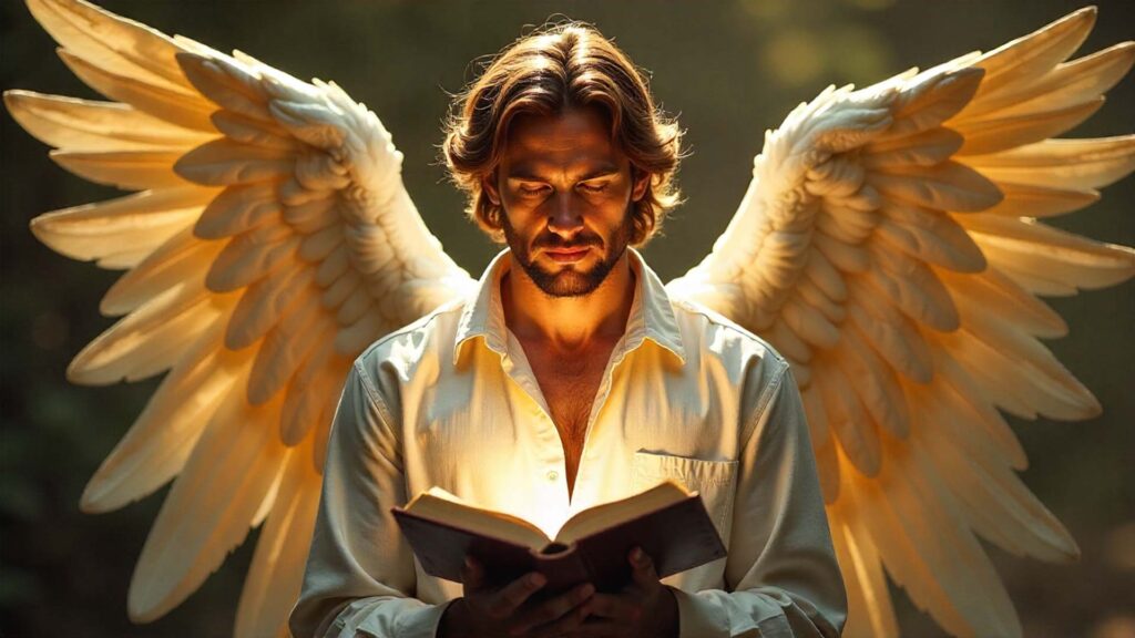 Representación mística del Arcángel Azrael con luz blanca y dorada