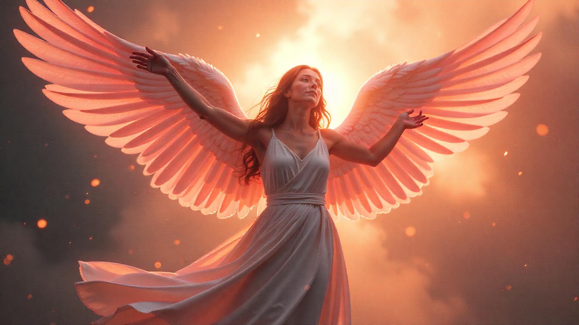 Representación del Arcángel Chamuel con aura rosa y dorada, irradiando paz y amor.