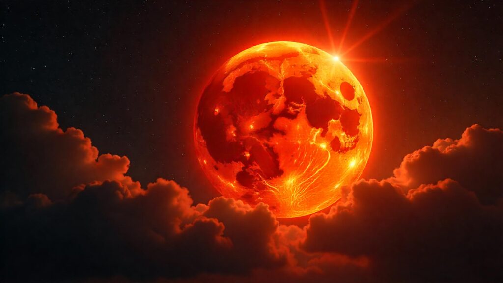 Imagen de un eclipse lunar total con la Luna de Sangre en un cielo místico.