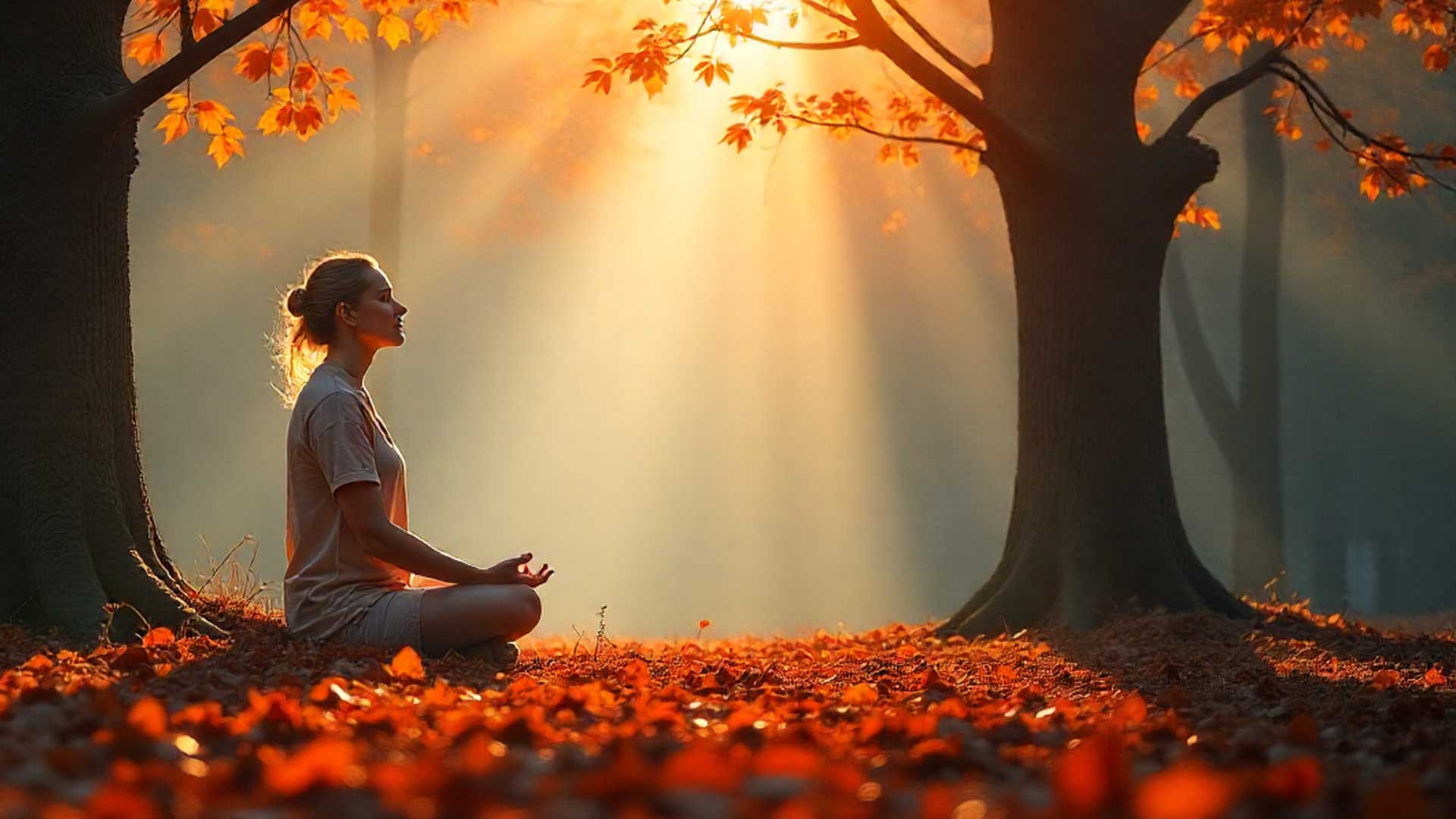 Bosque otoñal con luz cálida y energía espiritual de transición.