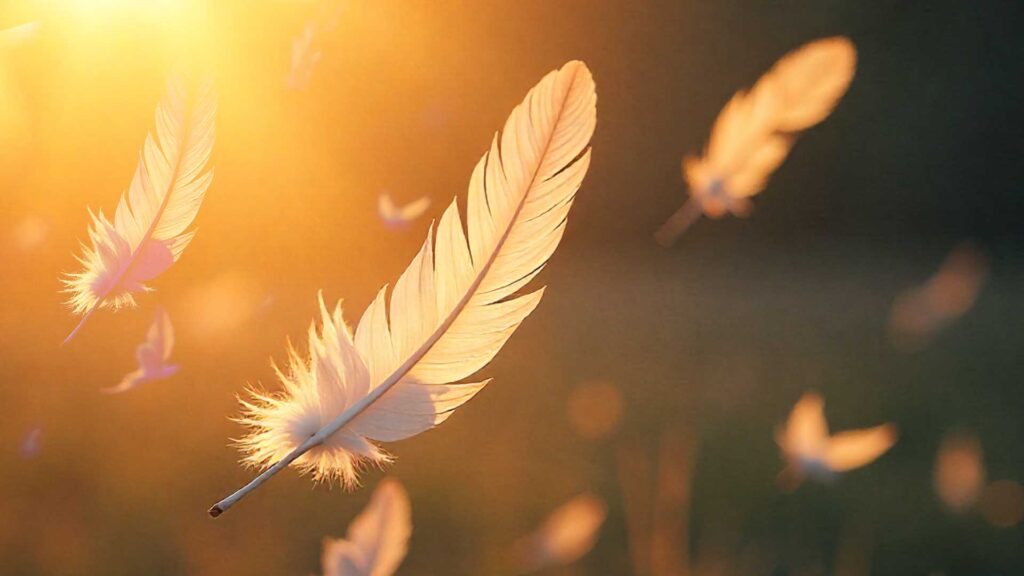 Plumas flotando con luz etérea, simbolizando mensajes espirituales.