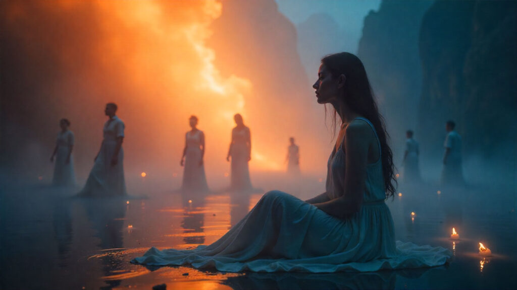 Ilustración de una persona soñando y conversando con figuras desconocidas en un ambiente etéreo