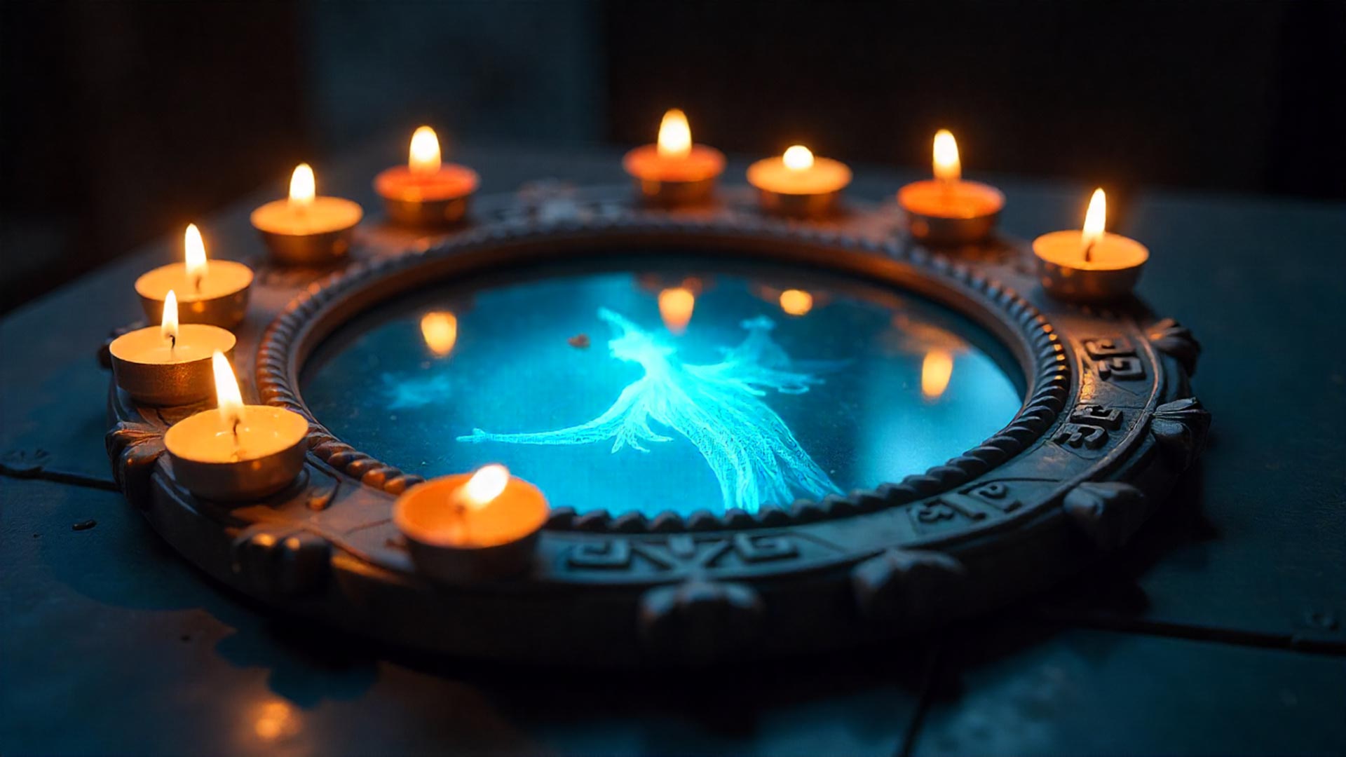 Espejo iluminado que refleja una figura espiritual luminosa