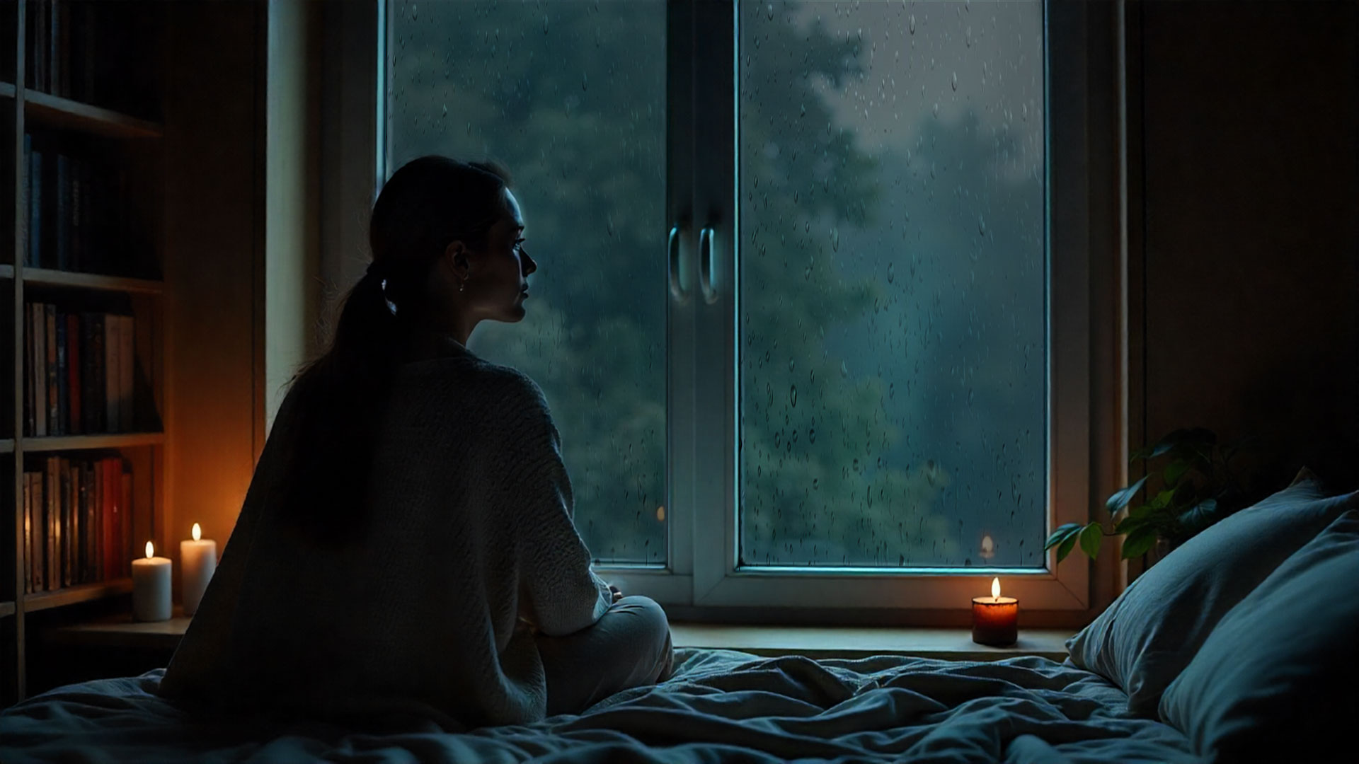 Persona observando la lluvia con calma y conexión espiritual