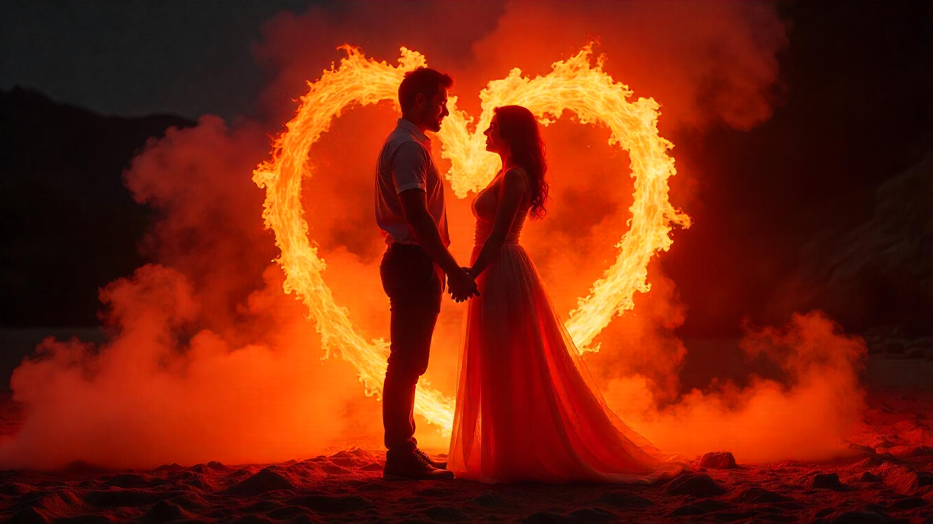 Pareja envuelta por hilos de energía mágica que los atan, representando la unión forzada de un amarre de amor.