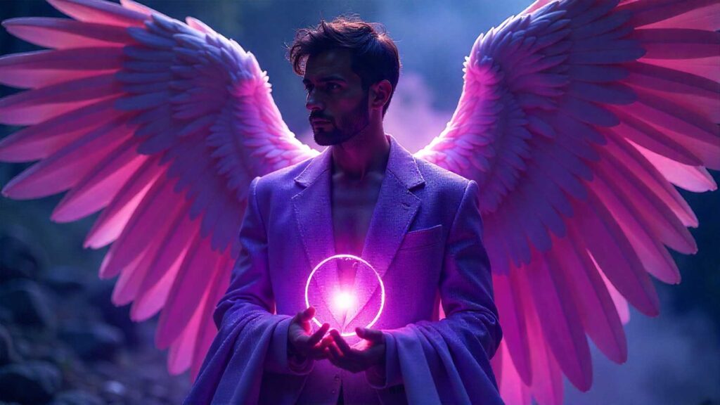 Arcángel Zadquiel con túnicas violetas y esfera de energía luminosa.