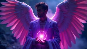 Arcángel Zadquiel con túnicas violetas y esfera de energía luminosa.