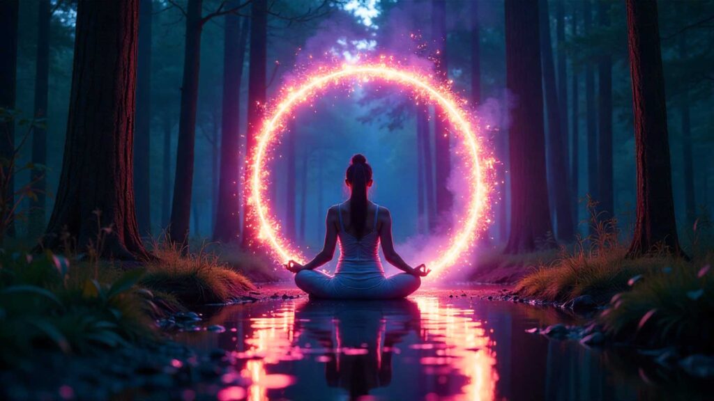Figura meditativa rodeada por un círculo de luz que la protege de energías oscuras.
