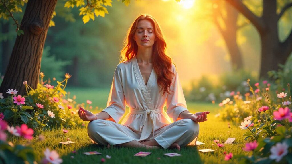 Persona meditando rodeada de símbolos esotéricos y energía luminosa.