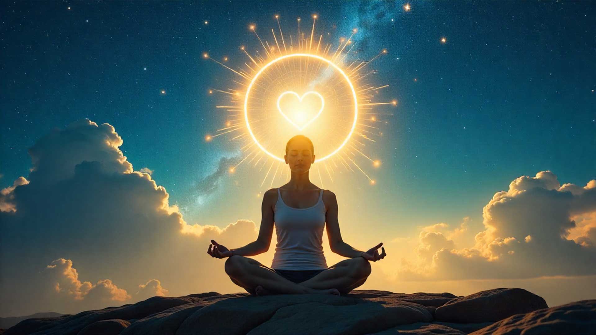 Figura meditando rodeada de luz dorada, símbolo del despertar espiritual y la expansión de conciencia.