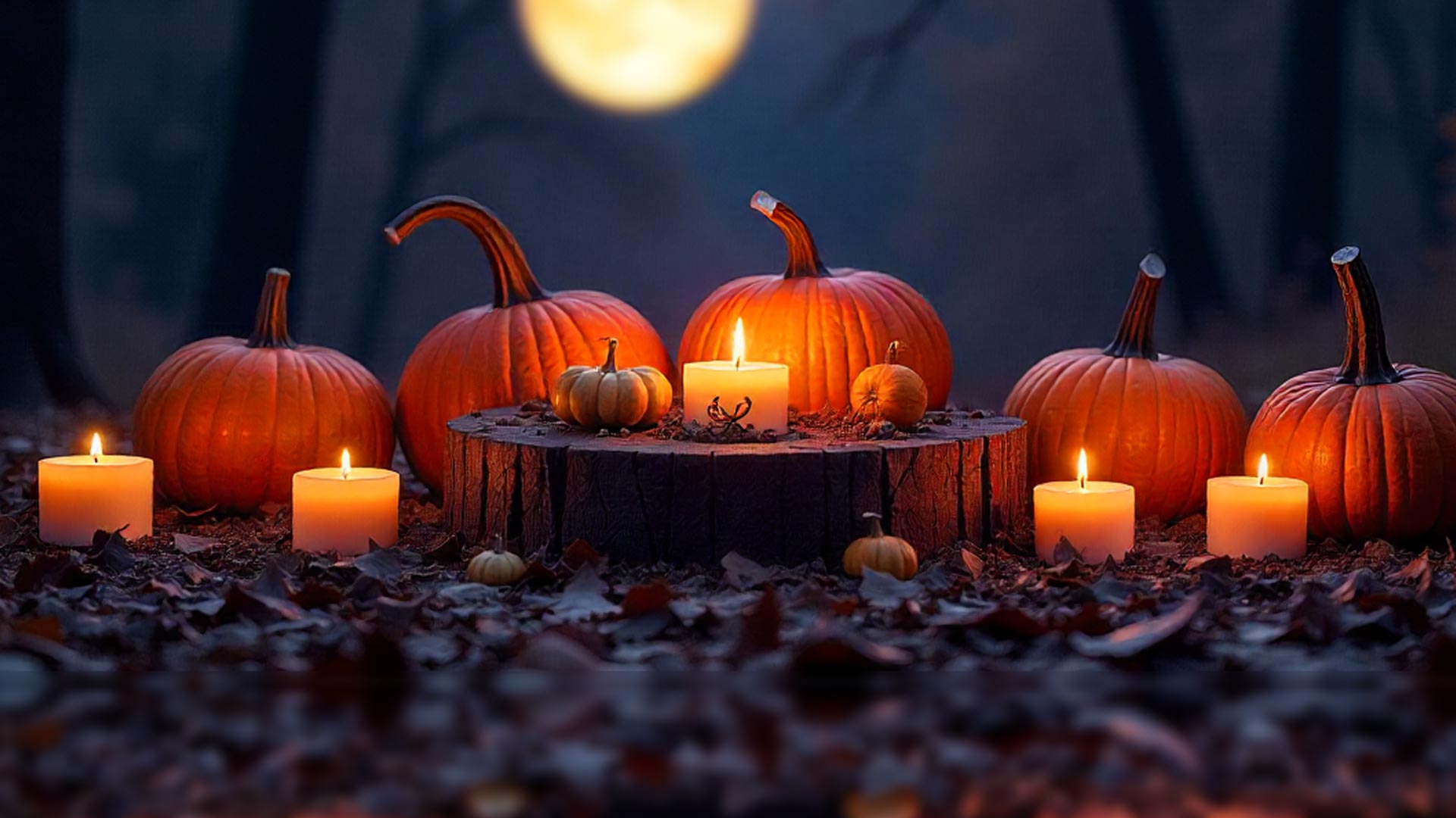 Altar místico con calabazas y velas bajo la luna llena, simbolizando la conexión esotérica de Halloween con el mundo espiritual.