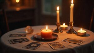Mesa con cartas de tarot, vela encendida y cristales, lista para una lectura espiritual.