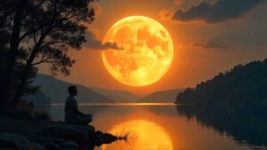 Persona meditando bajo la luz dorada de la superluna de cosecha sobre un paisaje otoñal.