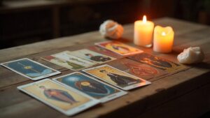Mesa de tarot iluminada por luz cálida con cartas, vela blanca y cristales, símbolo de claridad espiritual.