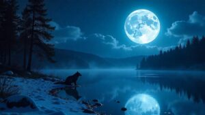 Luna llena de noviembre sobre lago helado, castor construyendo presa, ambiente esotérico