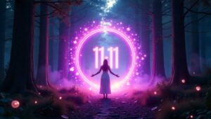 Portal energético 11:11 rodeado de luz dorada y violeta en bosque místico, figura humana entrando al umbral espiritual.