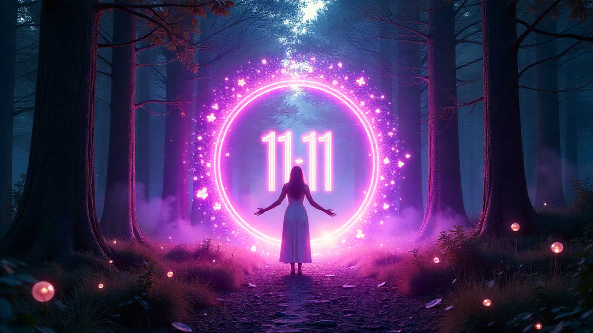 Portal energético 11:11 rodeado de luz dorada y violeta en bosque místico, figura humana entrando al umbral espiritual.